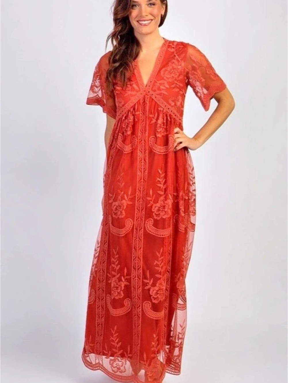 PinkBlush Rust Lace Mesh Overlay Maxi Dress